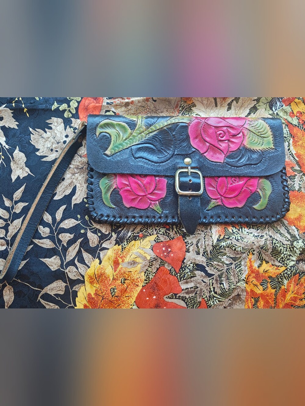 Handcrafted Tooled Black Leather Red rose Wristlet Clutch